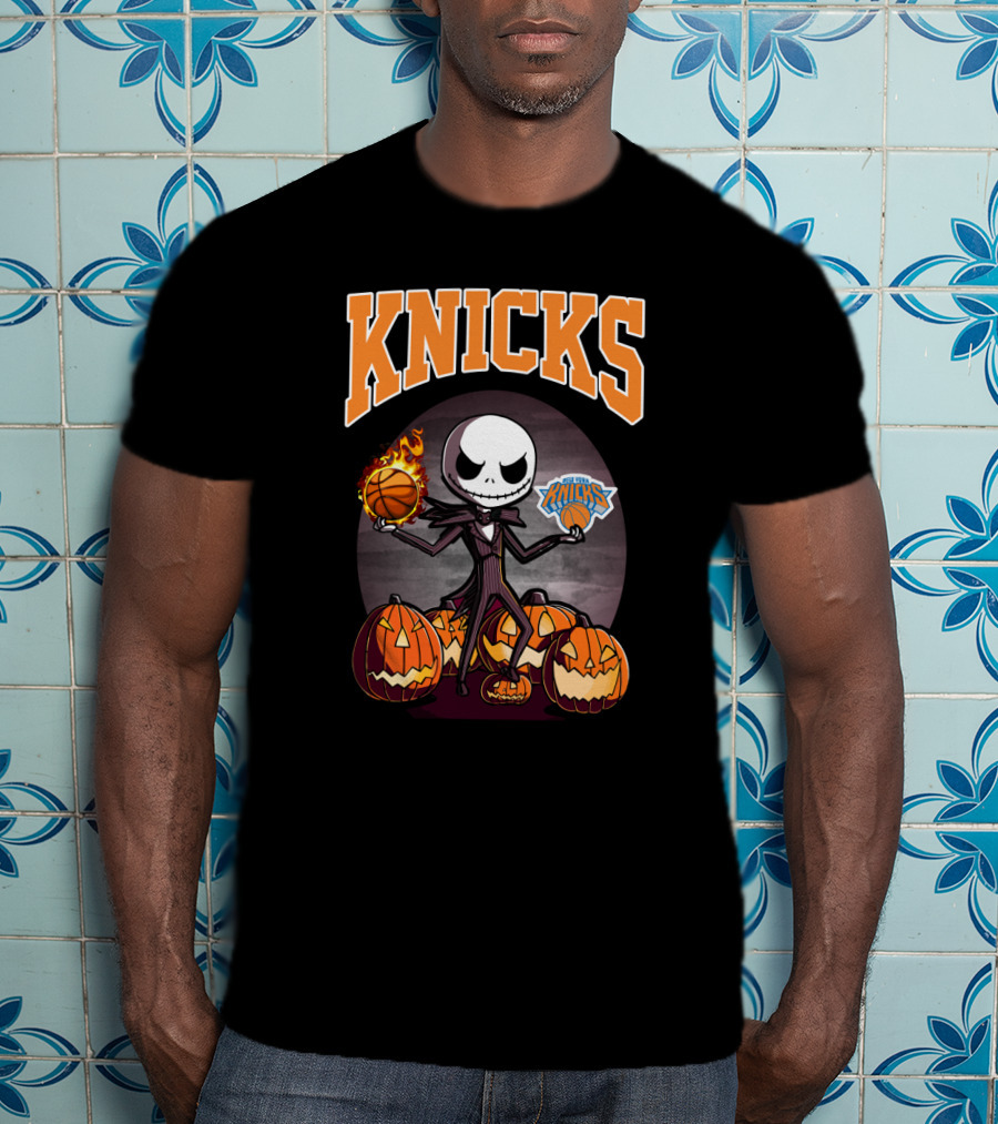 Knicks Jack Skellington Halloween Basketball With Pumpkins T-Shirt