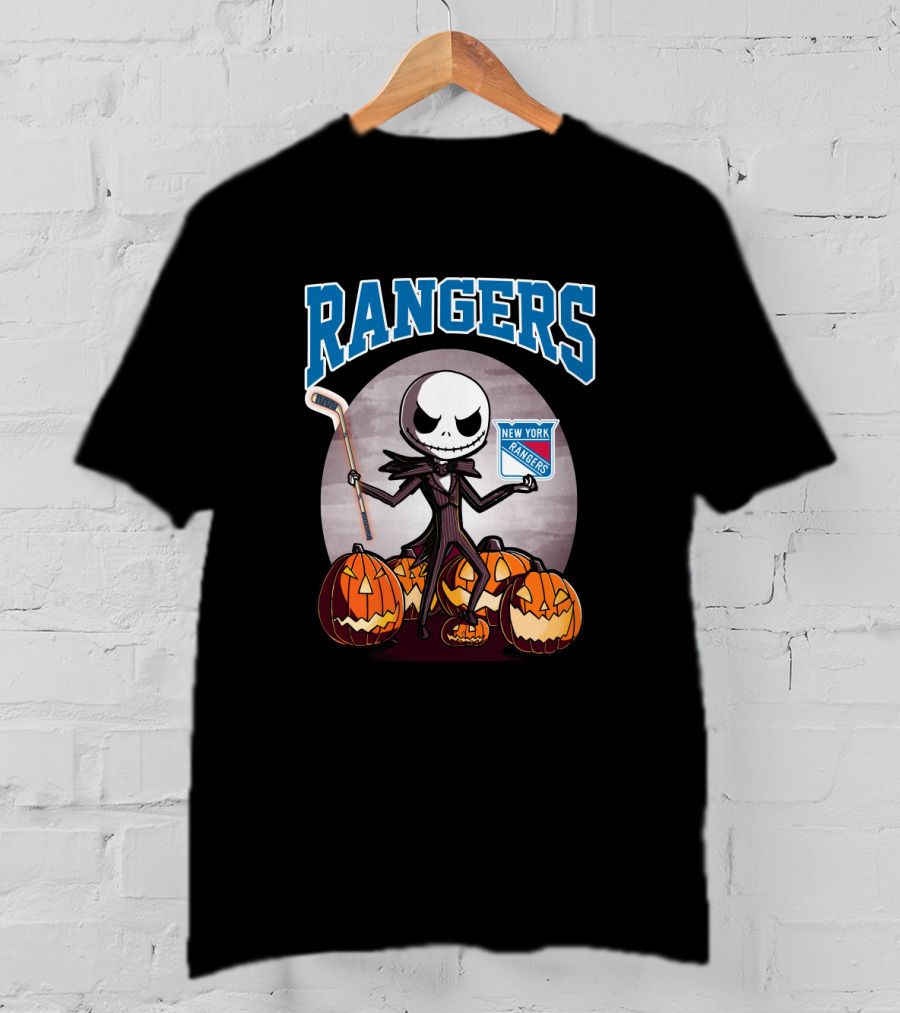 New York Rangers Jack Skellington Halloween Holding Hockey Stick With Pumpkins T-Shirt