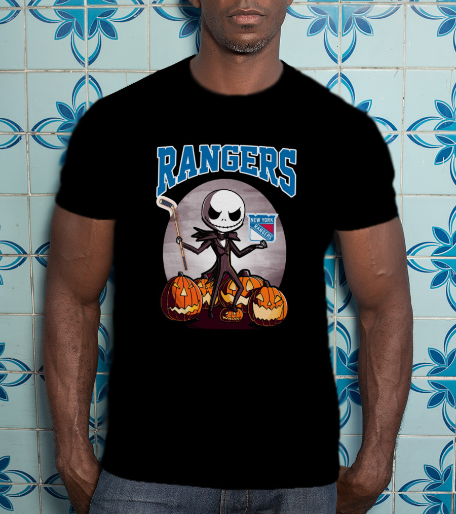 New York Rangers Jack Skellington Halloween Holding Hockey Stick With Pumpkins T-Shirt
