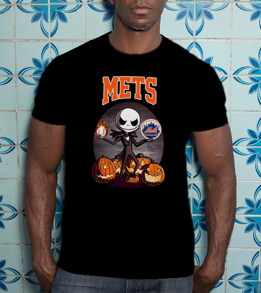 Jack Skellington Halloween New York Mets Pumpkin Baseball T-Shirt