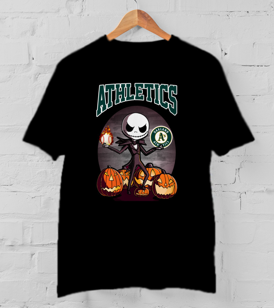 Athletics Jack Skellington With Oakland A's Logo And Halloween Pumpkins T-Shirt