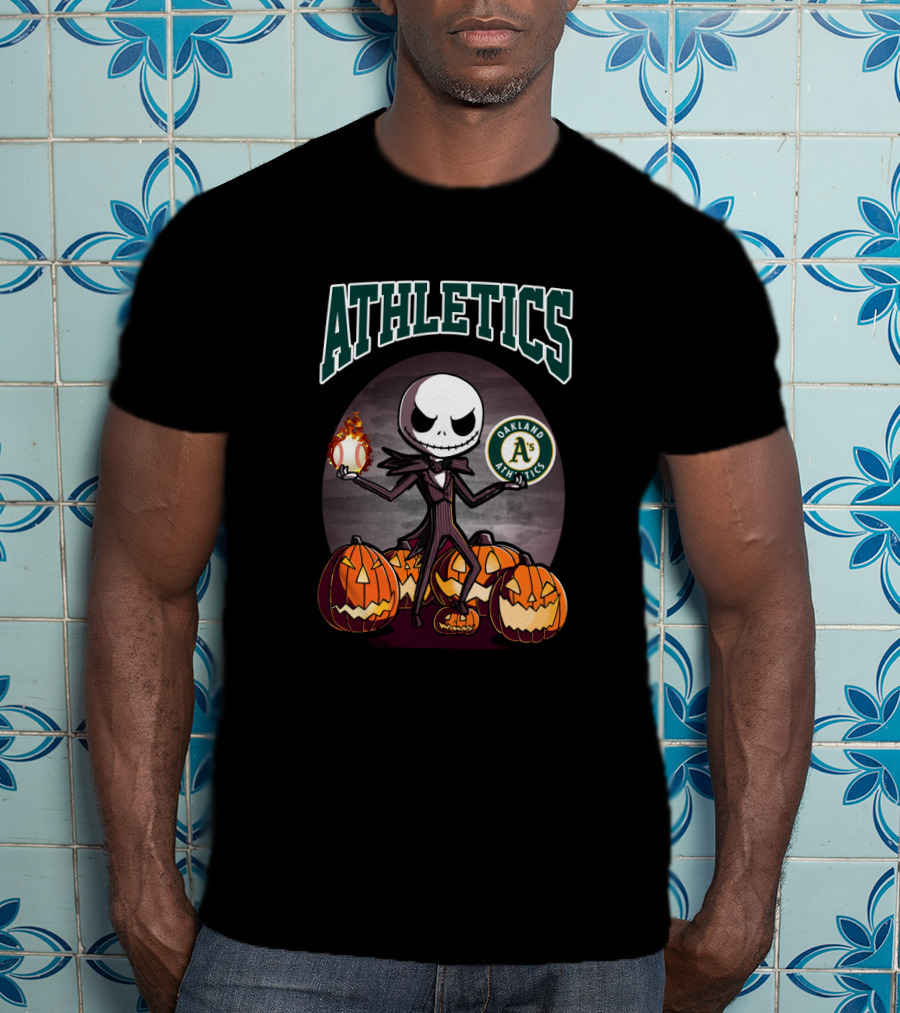 Athletics Jack Skellington With Oakland A's Logo And Halloween Pumpkins T-Shirt