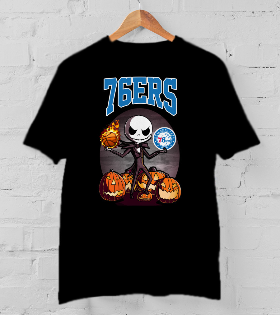 Philadelphia 76ers Jack Skellington Halloween Basketball Pumpkins T-Shirt