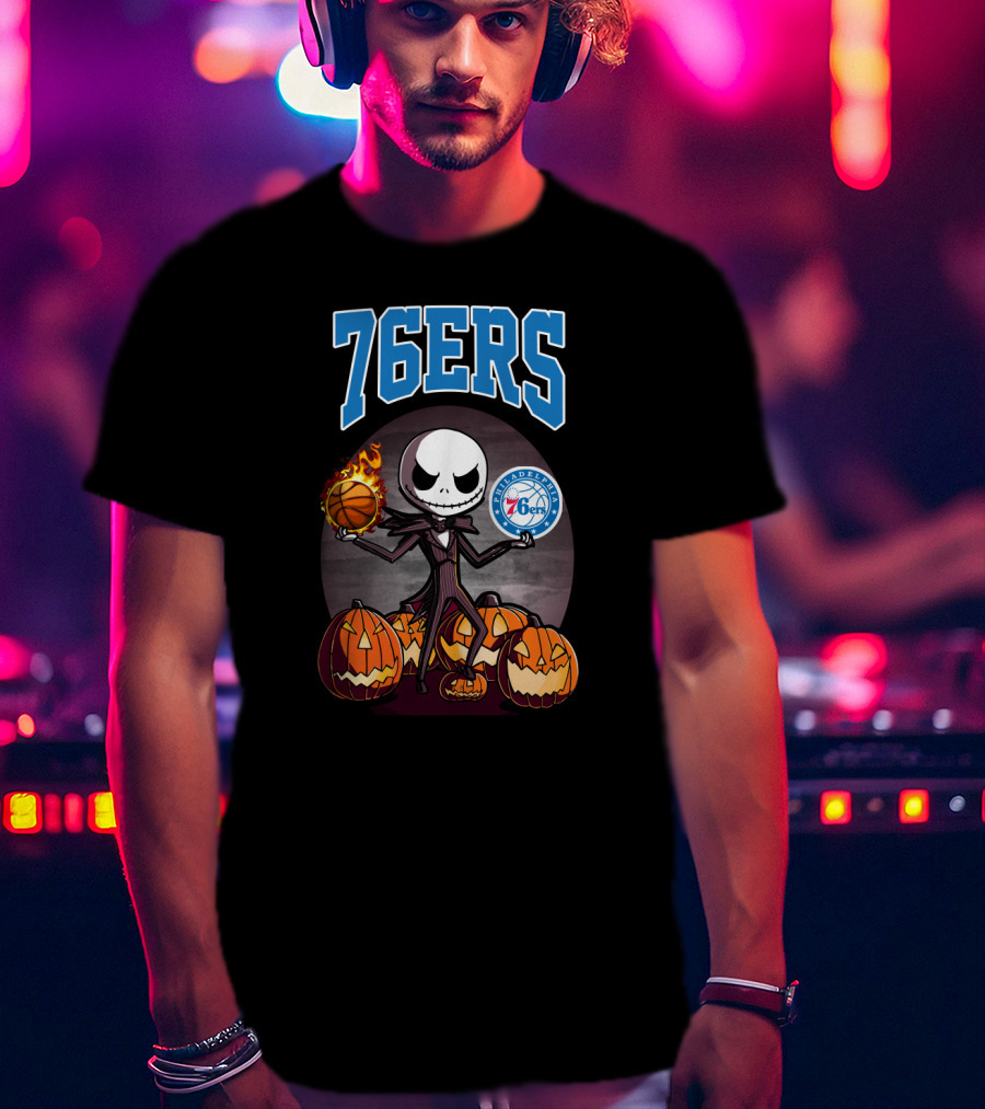 Philadelphia 76ers Jack Skellington Halloween Basketball Pumpkins T-Shirt