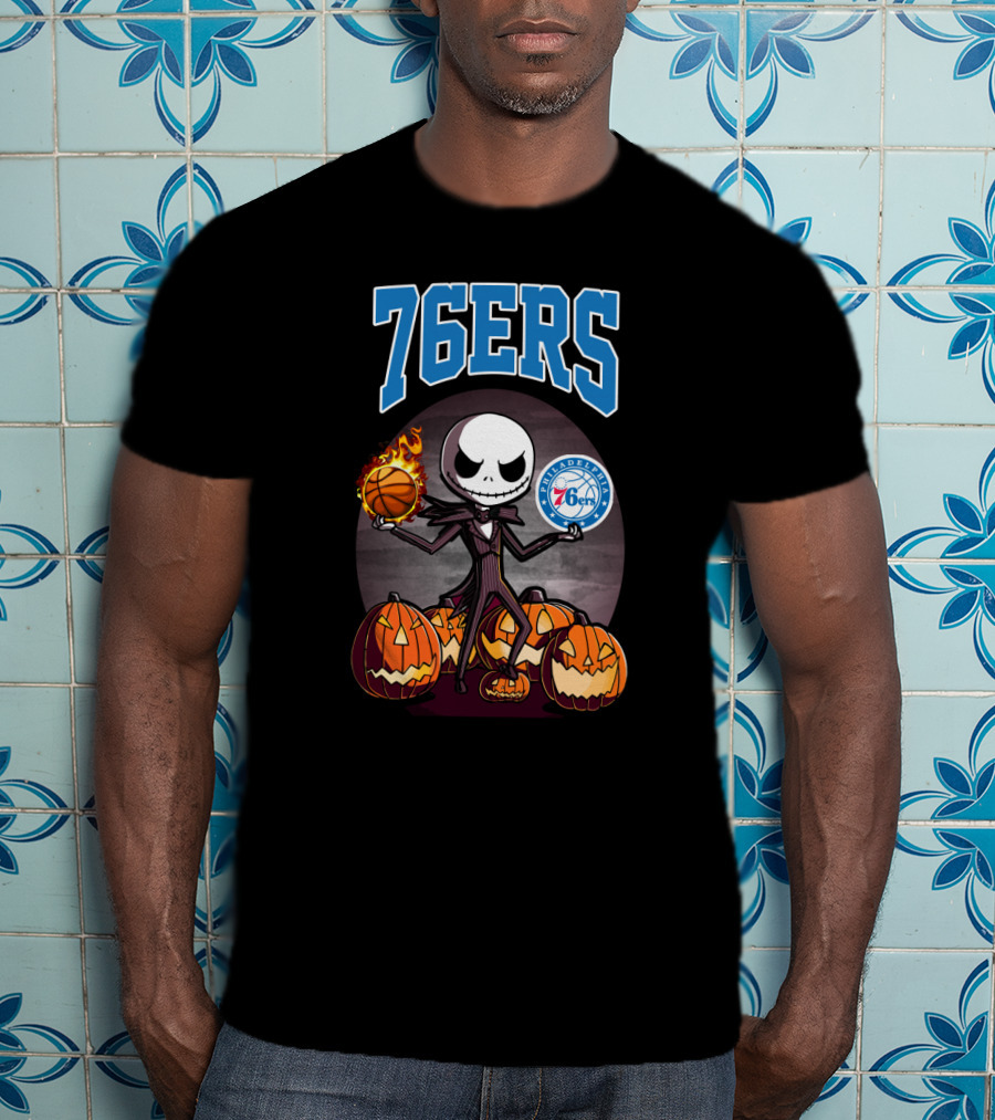 Philadelphia 76ers Jack Skellington Halloween Basketball Pumpkins T-Shirt