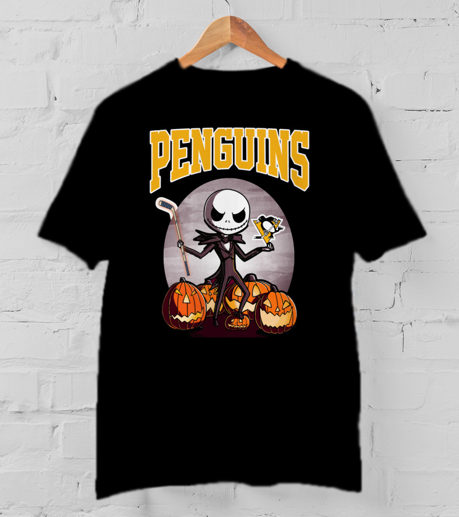 Penguins Jack Skellington Holding Hockey Logo With Pumpkins Halloween T-Shirt