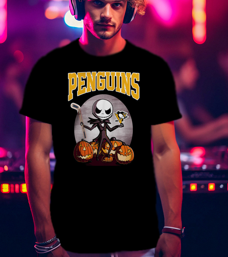 Penguins Jack Skellington Holding Hockey Logo With Pumpkins Halloween T-Shirt