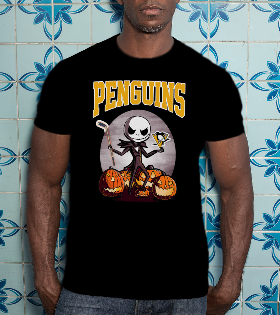 Penguins Jack Skellington Holding Hockey Logo With Pumpkins Halloween T-Shirt
