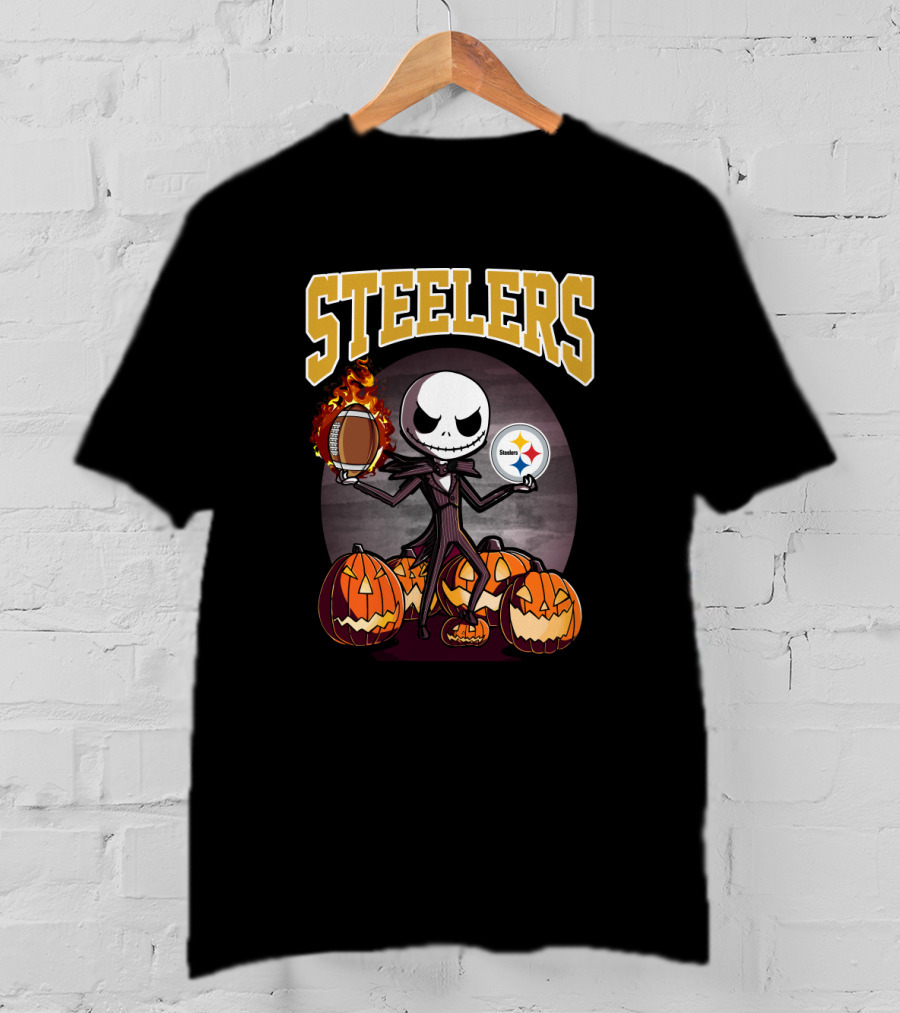 Steelers Jack Skellington Halloween Pumpkins Flaming Football Logos T-Shirt