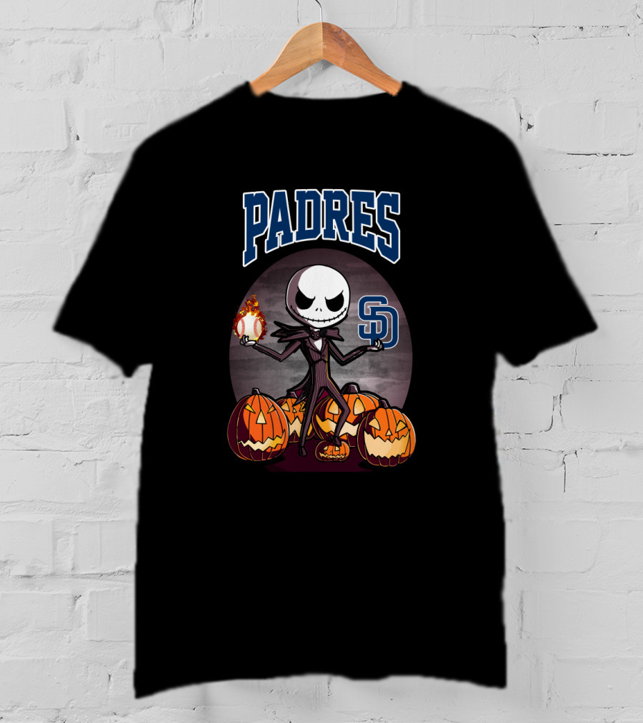 Jack Skellington With San Diego Padres Baseball And Halloween Pumpkins T-Shirt