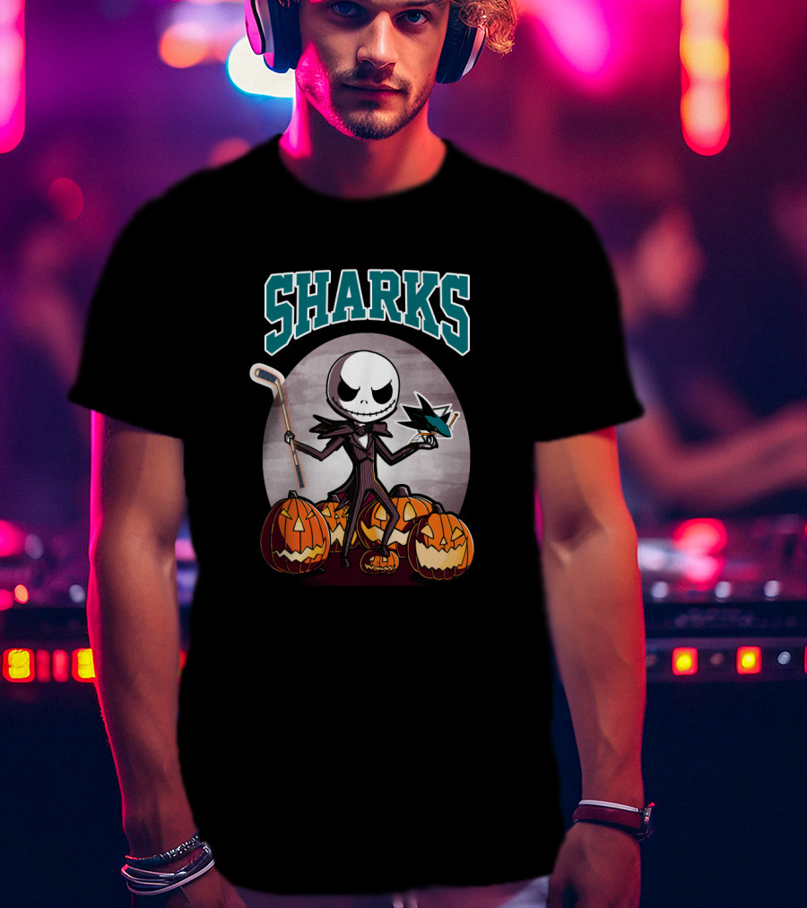 Jack Skellington San Jose Sharks Halloween Hockey Pumpkins T-Shirt