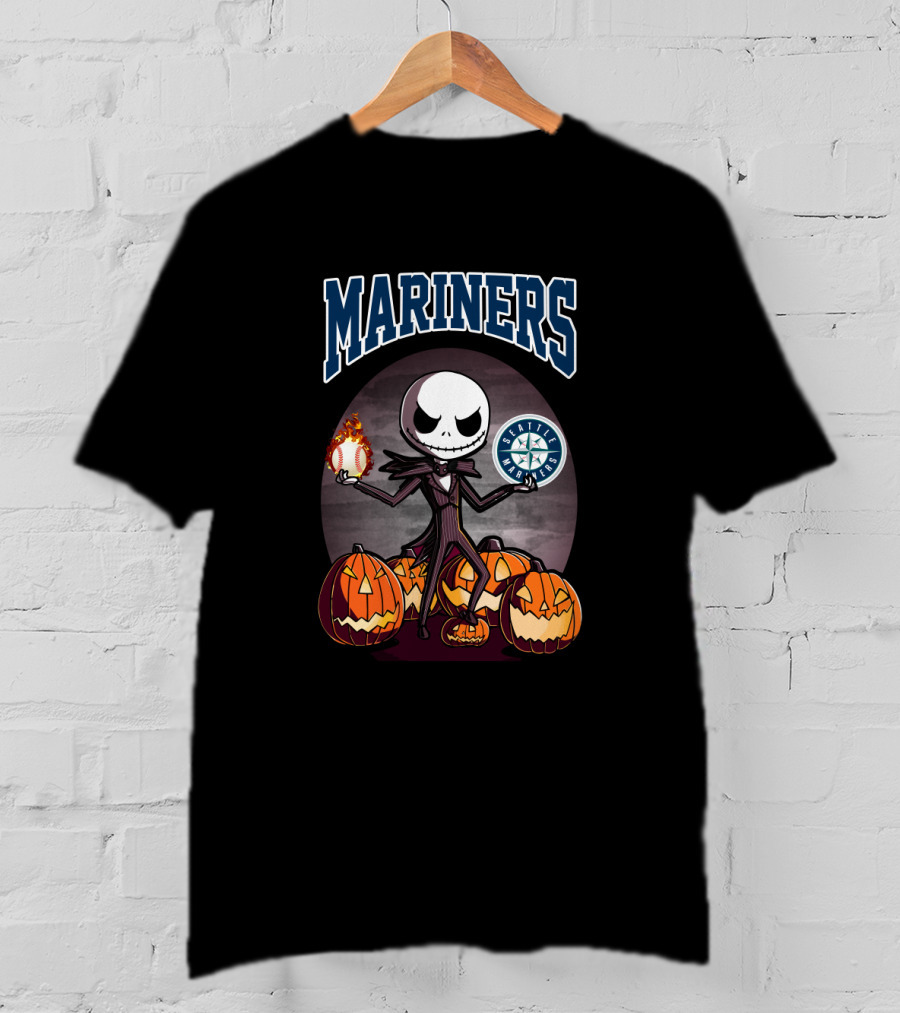 Mariners Jack Skellington Seattle Halloween Baseball And Pumpkins T-Shirt