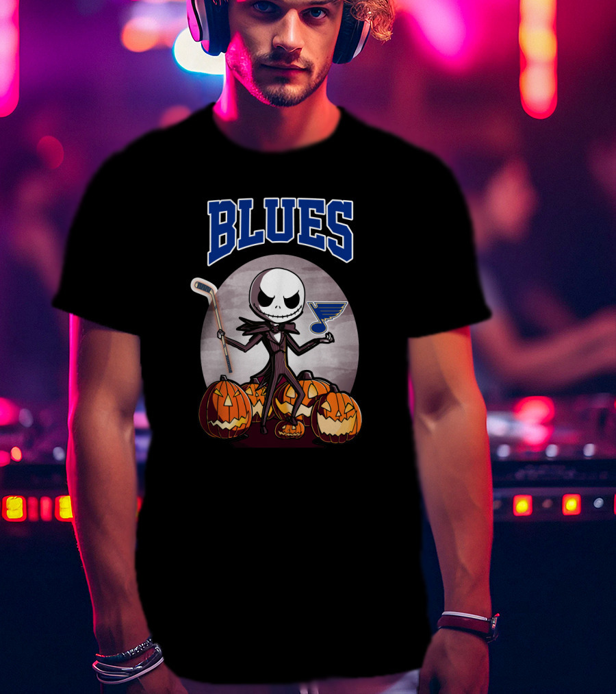 St. Louis Blues With Halloween Jack Skellington And Pumpkins T-Shirt