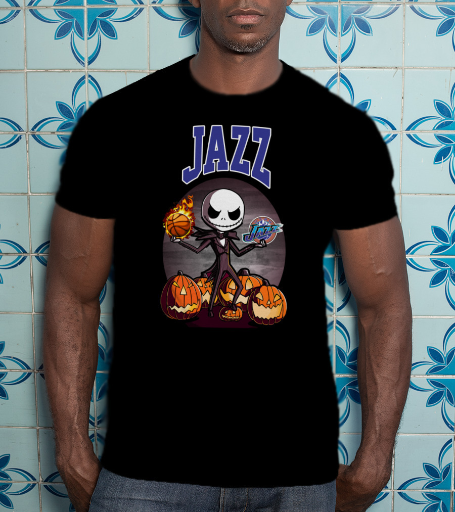 Jack Skellington Halloween Utah Jazz Logo Pumpkins Basketball Flamethrower Dual Image T-Shirt