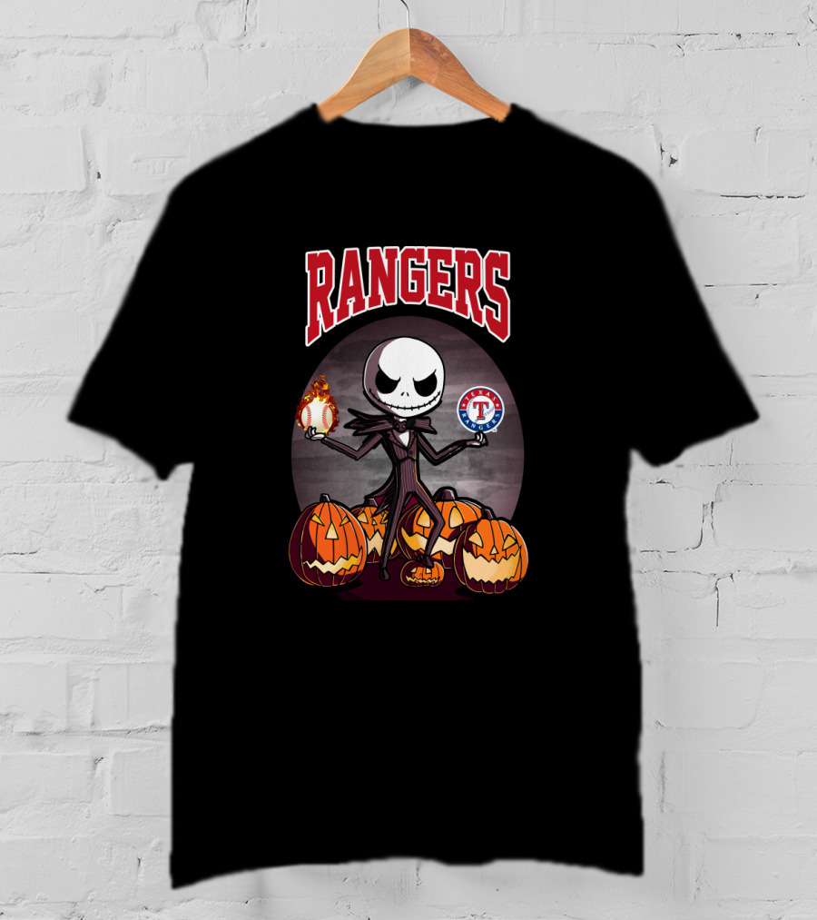 Rangers Jack Skellington Halloween With Texas Baseball Pumpkins T-Shirt