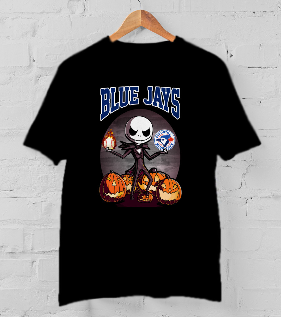 Jack Skellington Toronto Blue Jays Halloween With Pumpkins And Baseball T-Shirt