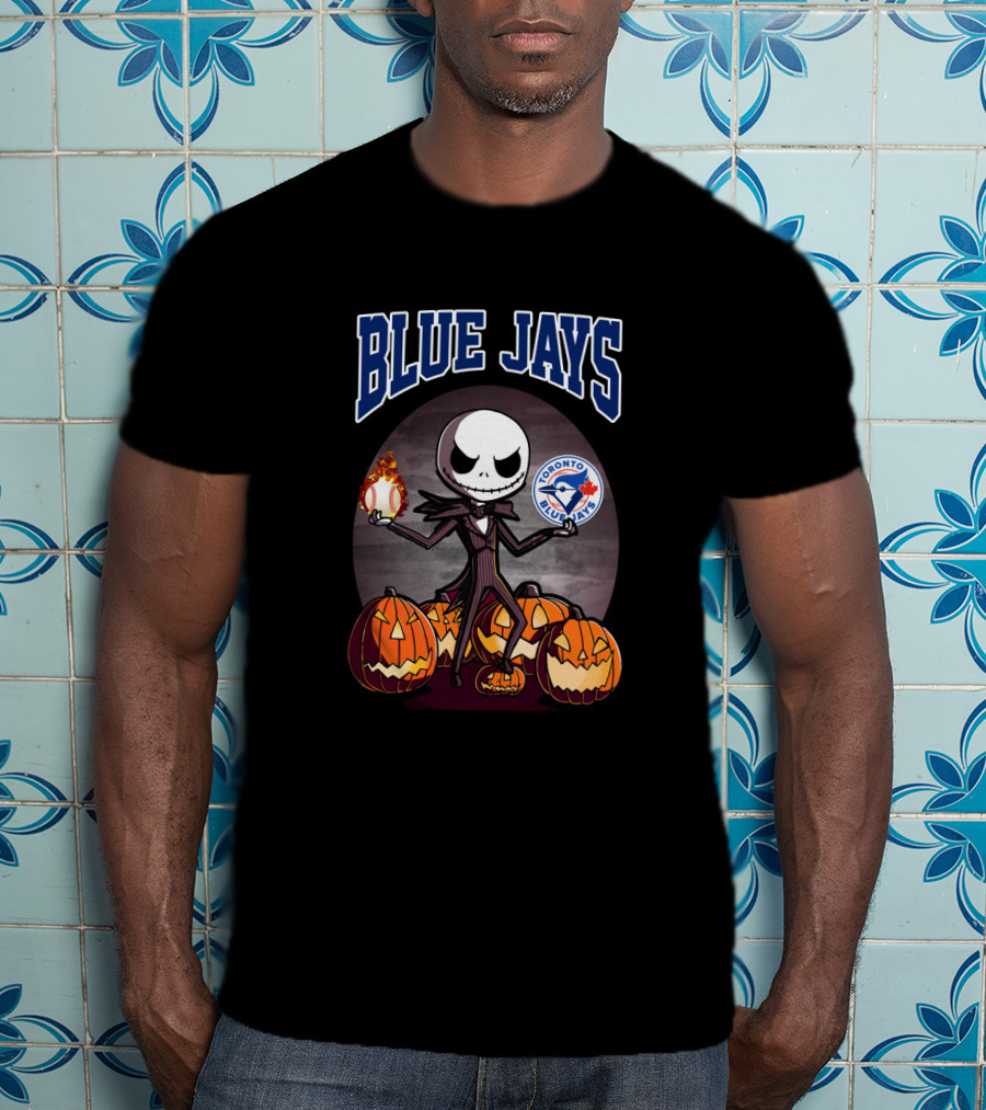 Jack Skellington Toronto Blue Jays Halloween With Pumpkins And Baseball T-Shirt