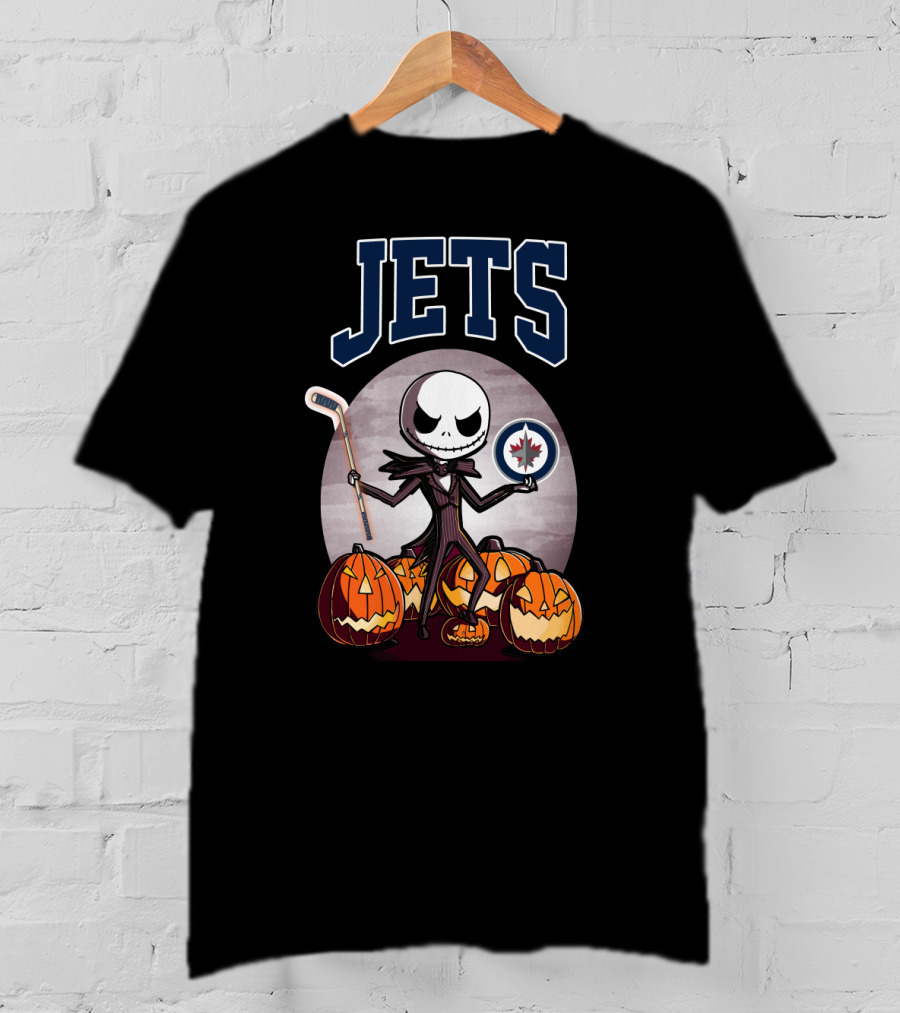 Jack Skellington Halloween Winnipeg Jets Hockey And Pumpkins T-Shirt