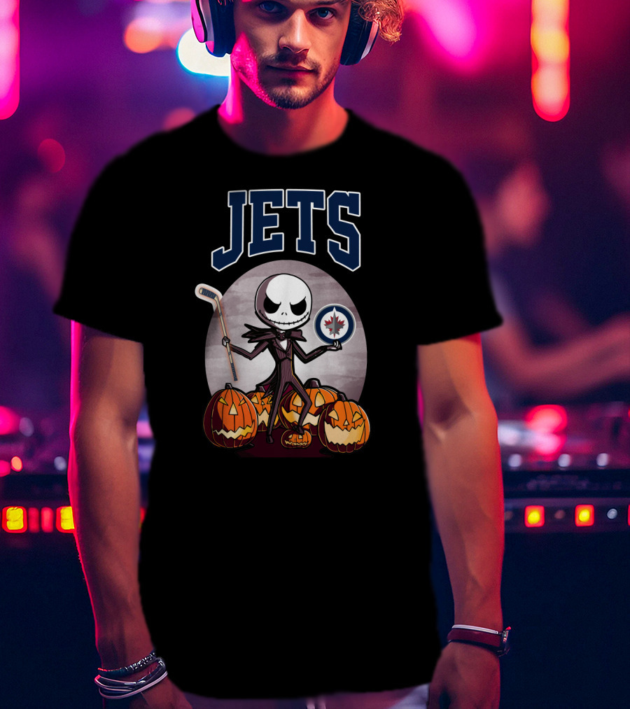 Jack Skellington Halloween Winnipeg Jets Hockey And Pumpkins T-Shirt