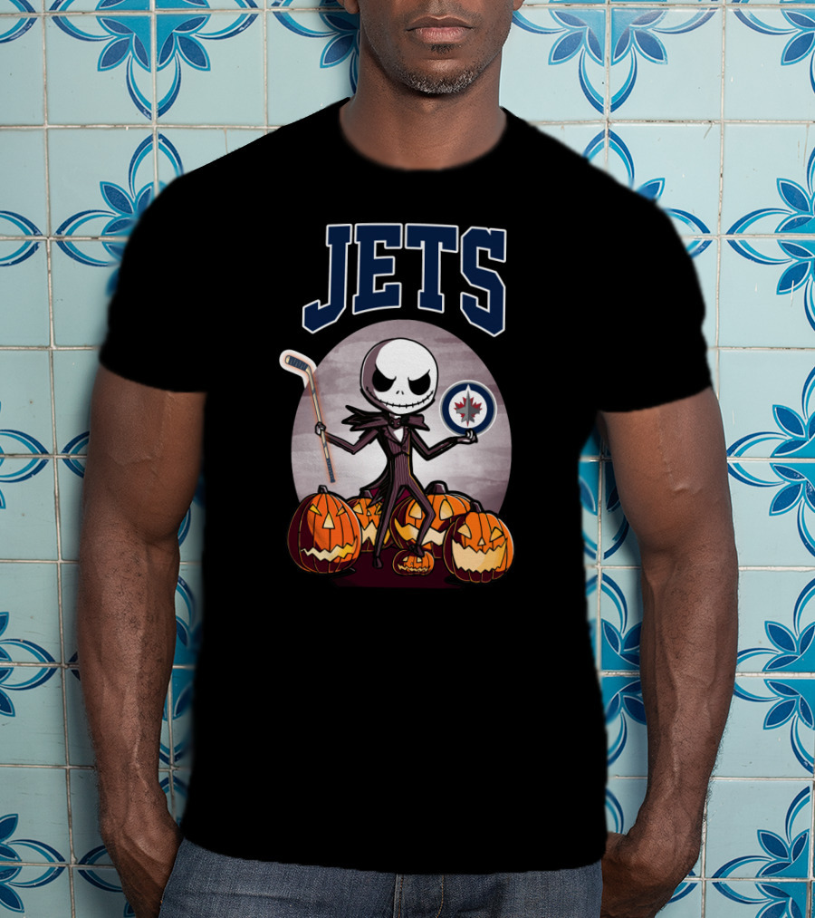 Jack Skellington Halloween Winnipeg Jets Hockey And Pumpkins T-Shirt