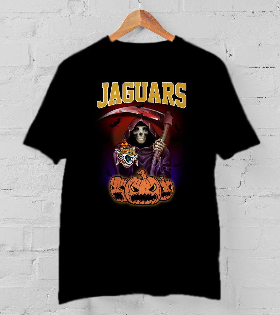 Jaguars Grim Reaper With Scythe And Pumpkins Halloween T-Shirt