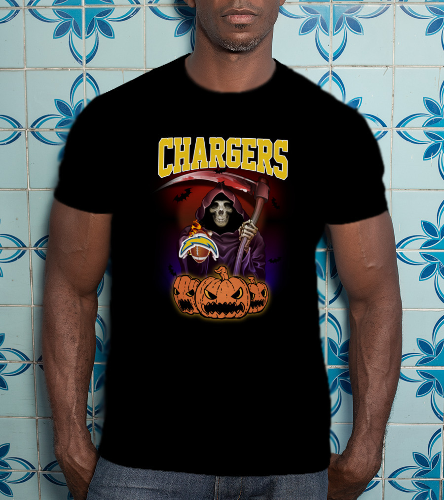 Chargers Grim Reaper With Pumpkins And Football Halloween T-Shirt