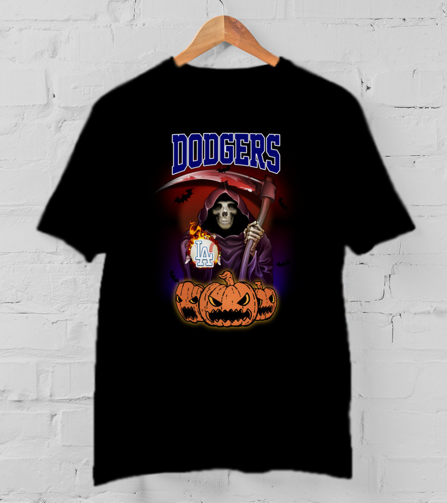 Dodgers Grim Reaper With LA Logo And Halloween Pumpkins T-Shirt