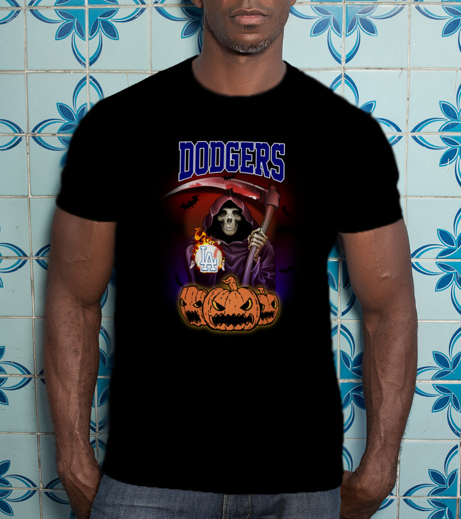 Dodgers Grim Reaper With LA Logo And Halloween Pumpkins T-Shirt