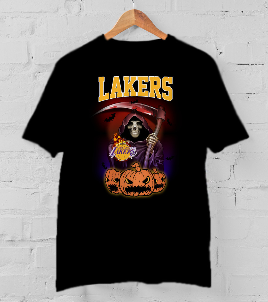 Los Angeles Lakers Reaper Skeleton With Pumpkins Halloween T-Shirt