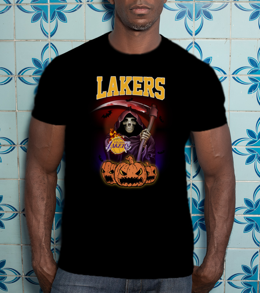 Los Angeles Lakers Reaper Skeleton With Pumpkins Halloween T-Shirt