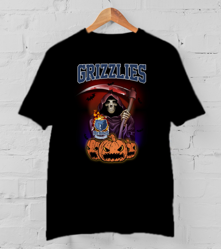 Grizzlies Halloween Reaper With Scythe And Memphis Grizzlies Logo Surrounded By Pumpkins T-Shirt