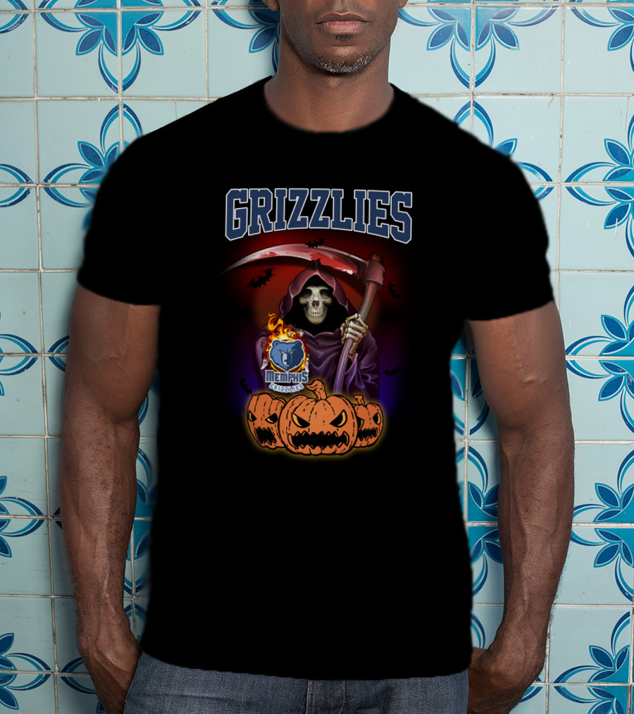 Grizzlies Halloween Reaper With Scythe And Memphis Grizzlies Logo Surrounded By Pumpkins T-Shirt