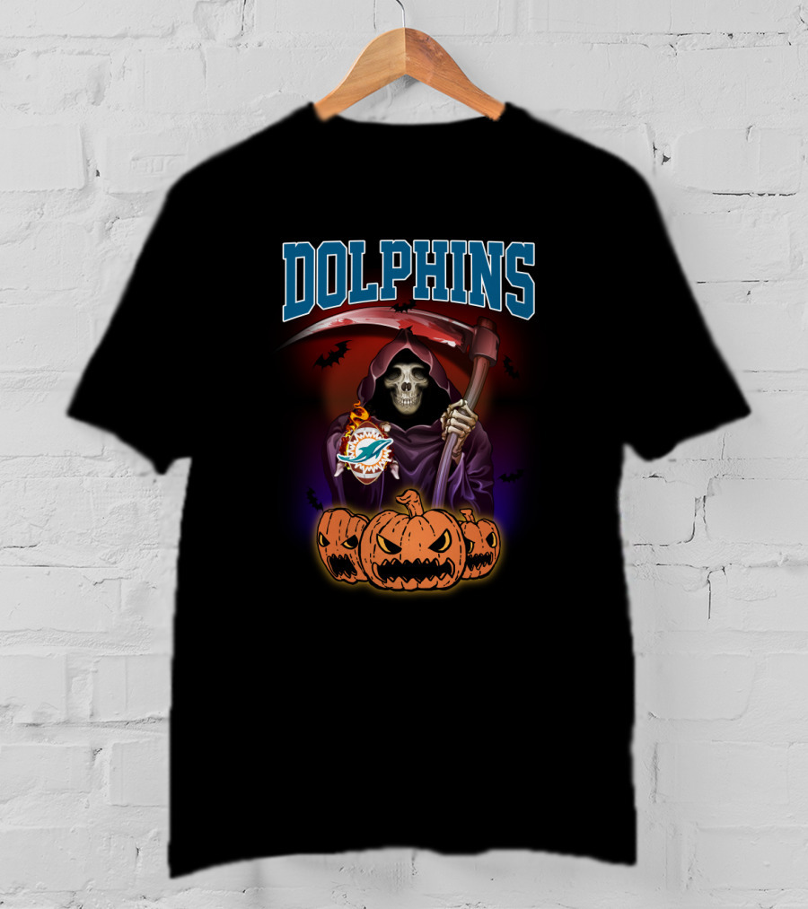 Miami Dolphins Grim Reaper With Scythe And Jack-o'-Lanterns T-Shirt