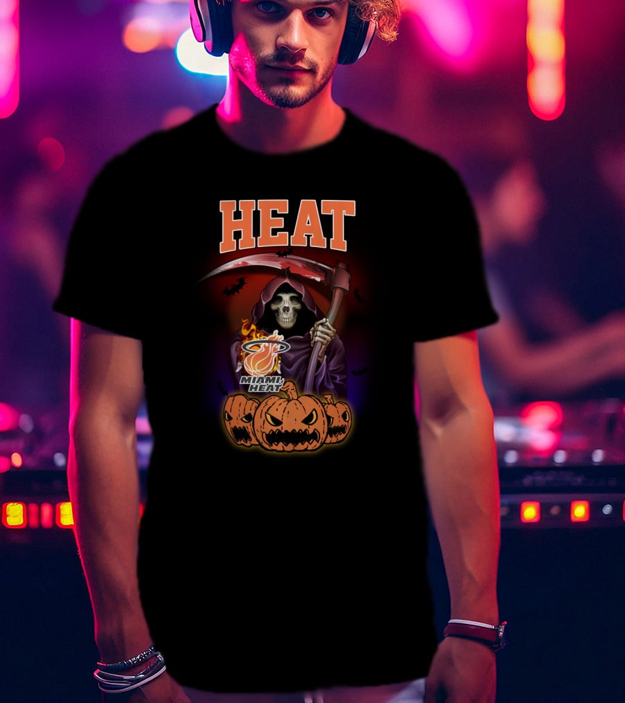 Miami Heat Reaper Halloween Theme With Pumpkins And Grim Scythe T-Shirt