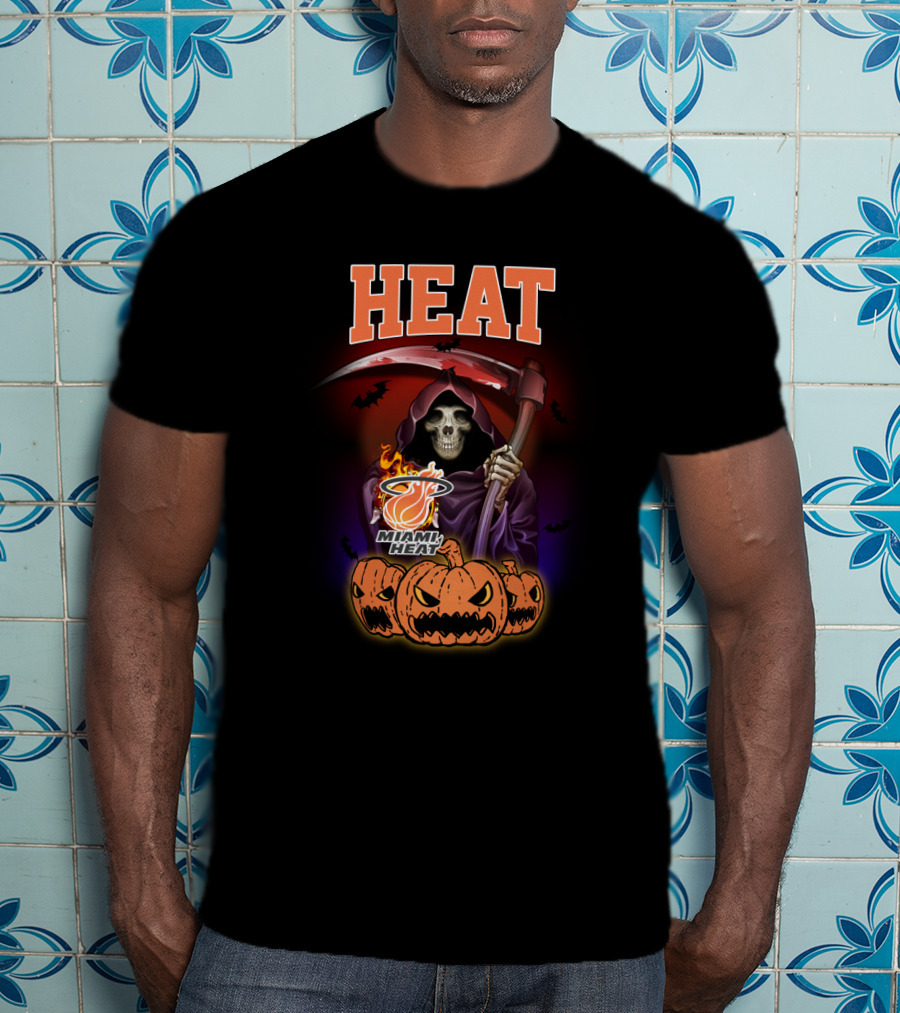 Miami Heat Reaper Halloween Theme With Pumpkins And Grim Scythe T-Shirt
