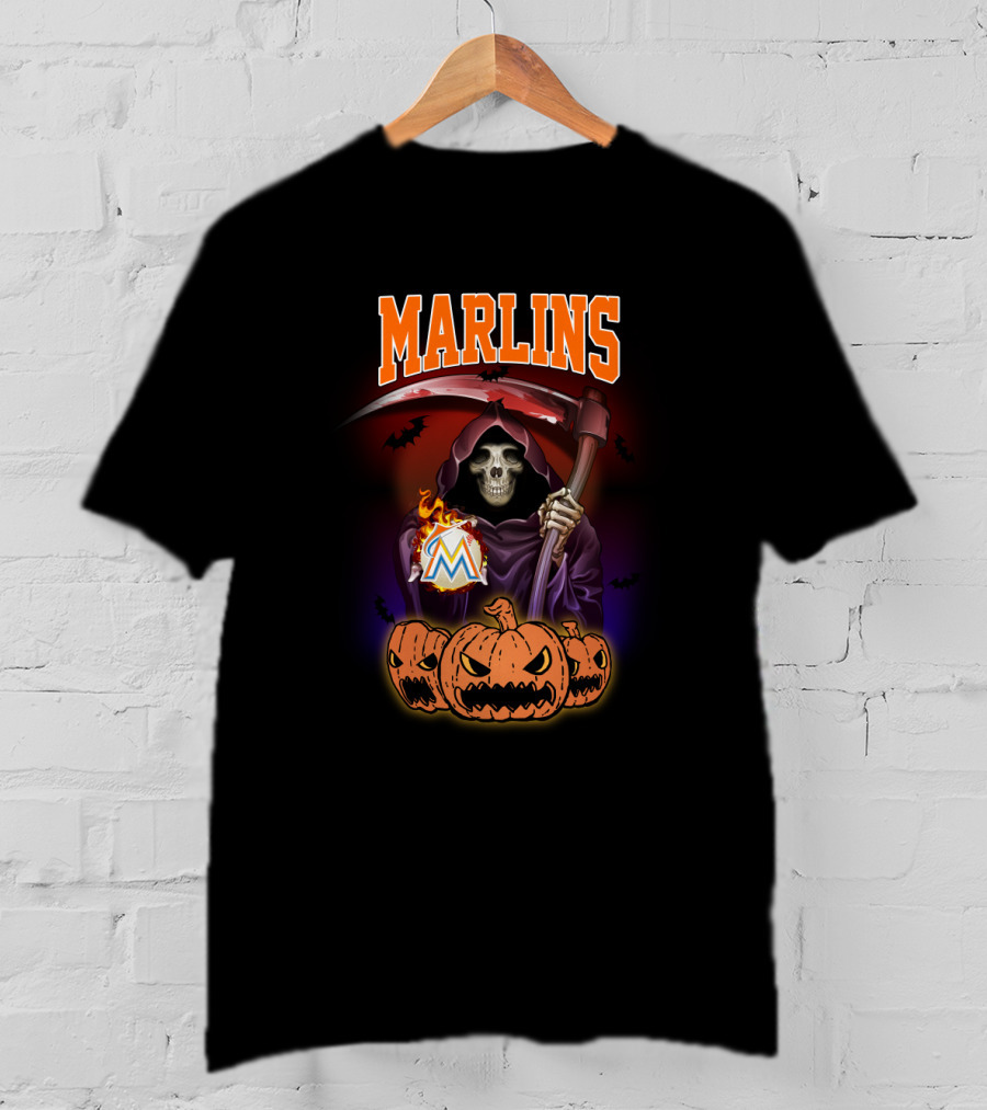 Miami Marlins Reaper With Scythe And Pumpkin Trio Halloween T-Shirt