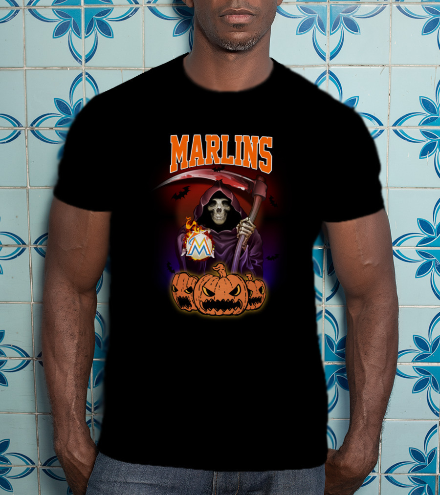 Miami Marlins Reaper With Scythe And Pumpkin Trio Halloween T-Shirt