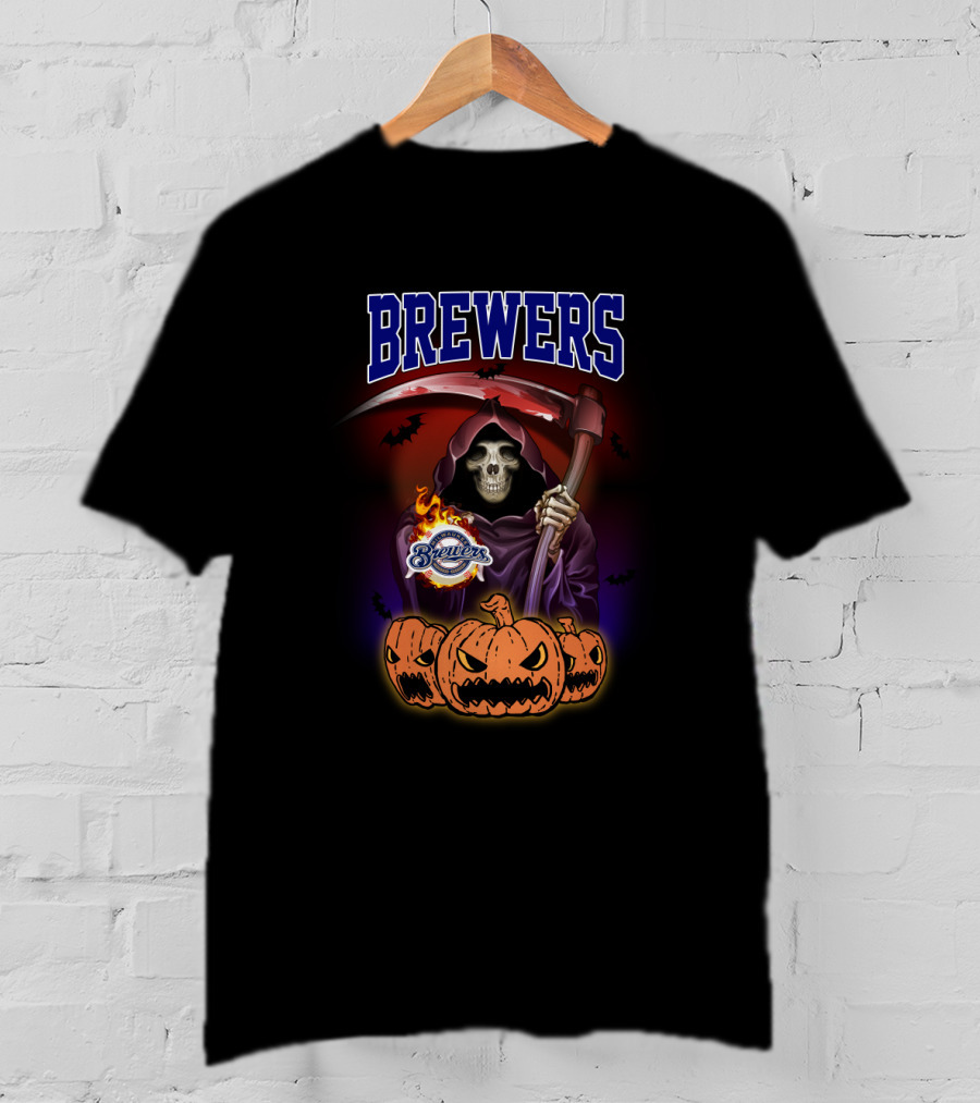 Brewers Halloween Reaper And Pumpkins With Milwaukee Brewers T-Shirt