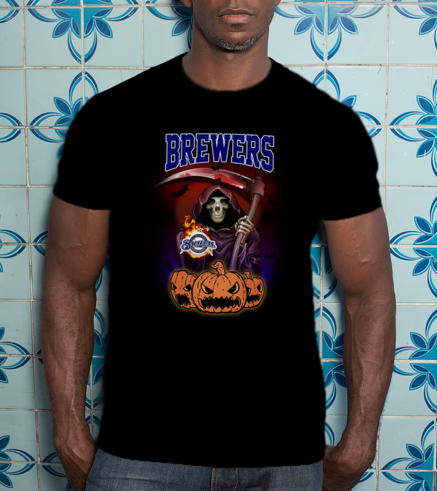 Brewers Halloween Reaper And Pumpkins With Milwaukee Brewers T-Shirt
