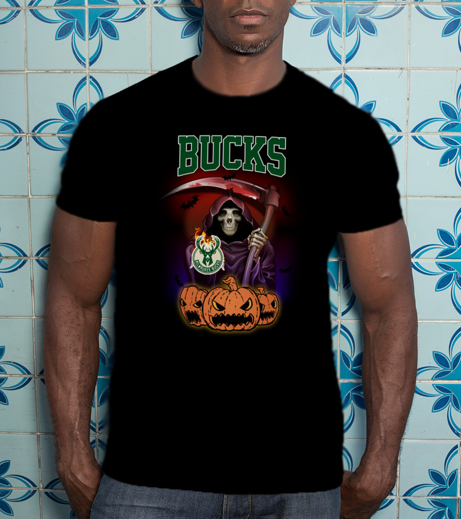 Milwaukee Bucks Reaper Skull With Scythe And Pumpkins T-Shirt