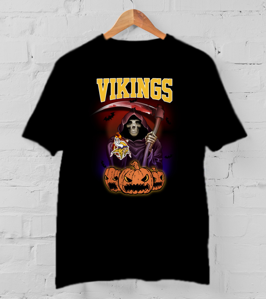 Vikings Halloween Grim Reaper With Scythe And Pumpkins Minnesota T-Shirt