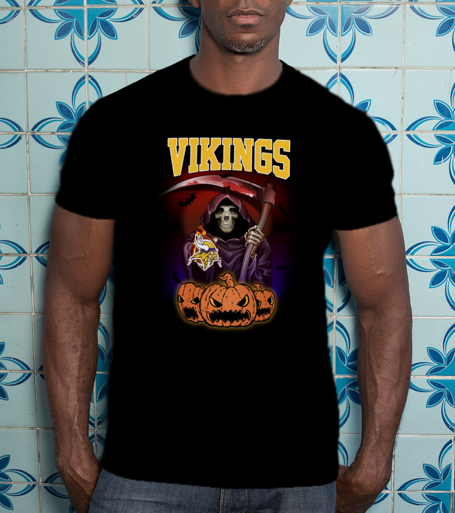 Vikings Halloween Grim Reaper With Scythe And Pumpkins Minnesota T-Shirt