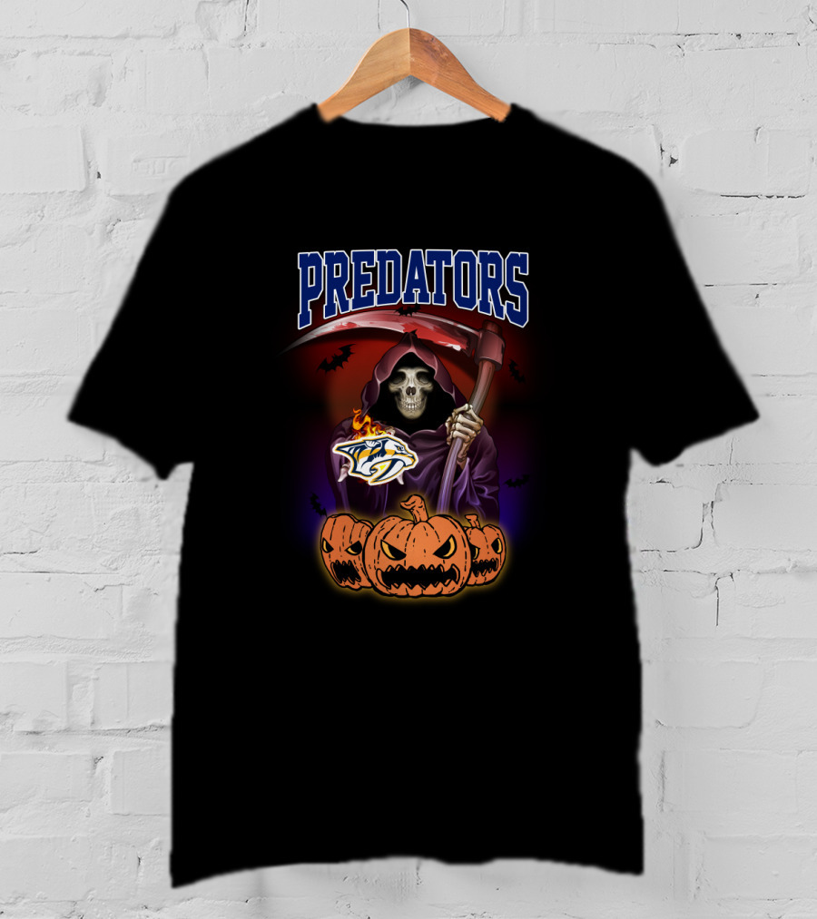 Nashville Predators Grim Reaper With Pumpkins Halloween T-Shirt