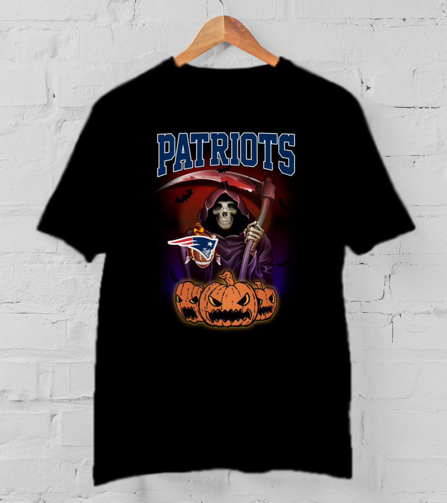 Patriots Grim Reaper With Scythe And Pumpkins New England Football T-Shirt