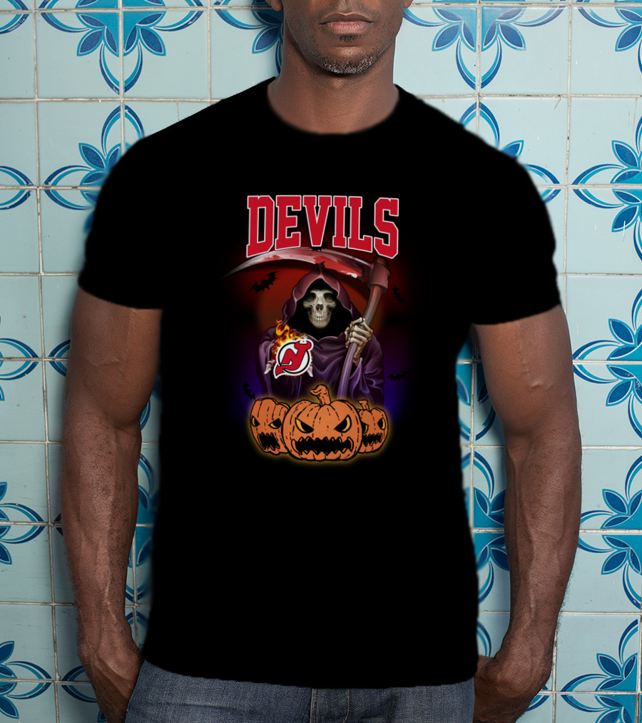 New Jersey Devils Grim Reaper Halloween Pumpkins T-Shirt