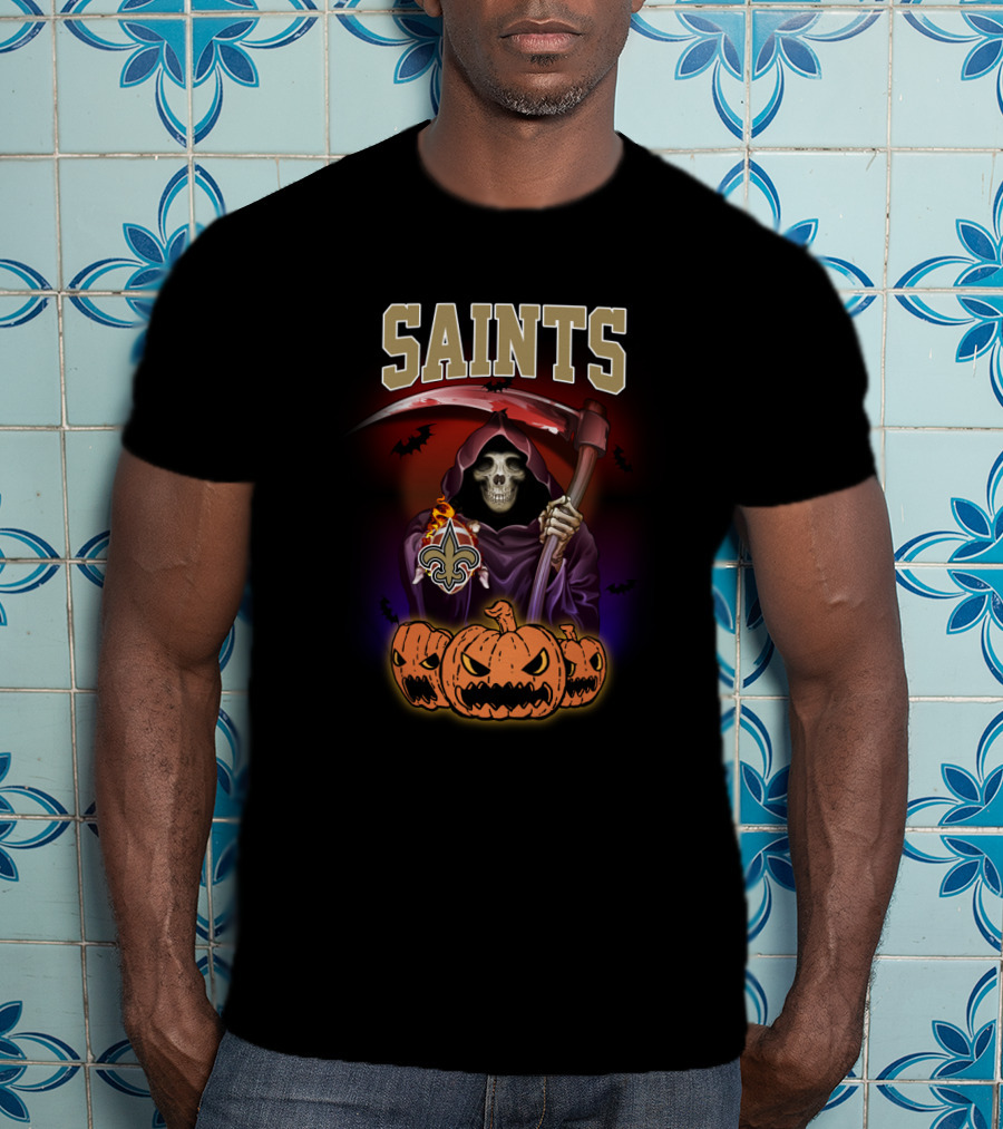 New Orleans Saints Reaper Holding Scythe With Pumpkins T-Shirt