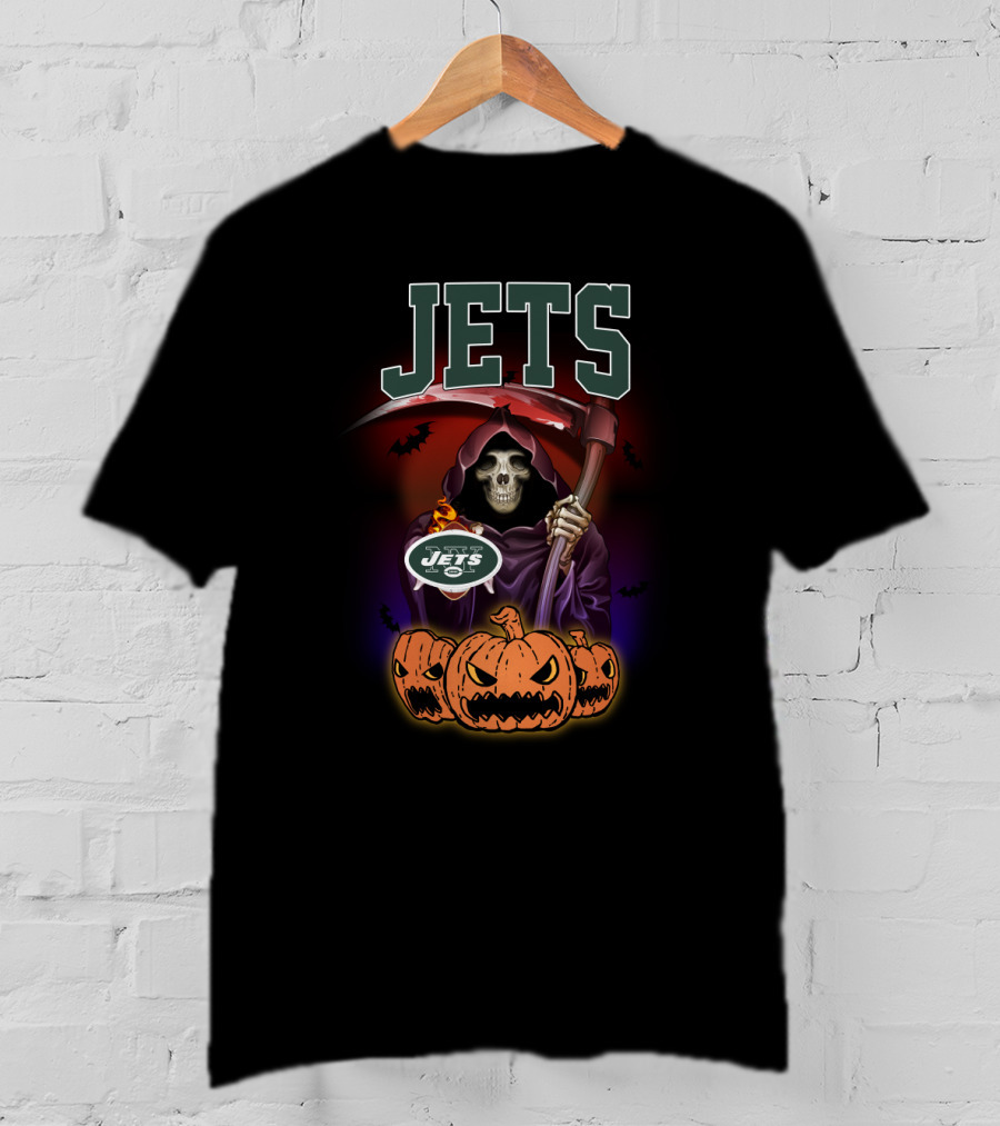 New York Jets Grim Reaper Halloween Theme With Pumpkins T-Shirt