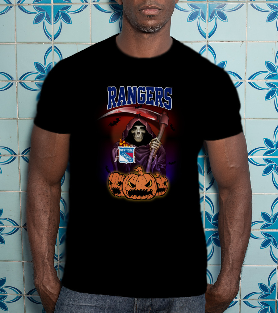 Rangers Grim Reaper Holding Scythe With New York Rangers Logo And Halloween Pumpkins T-Shirt