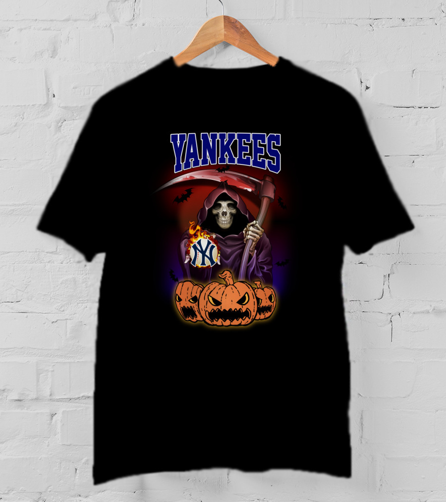 Yankees Reaper Holding Baseball With Pumpkins And Scythe T-Shirt