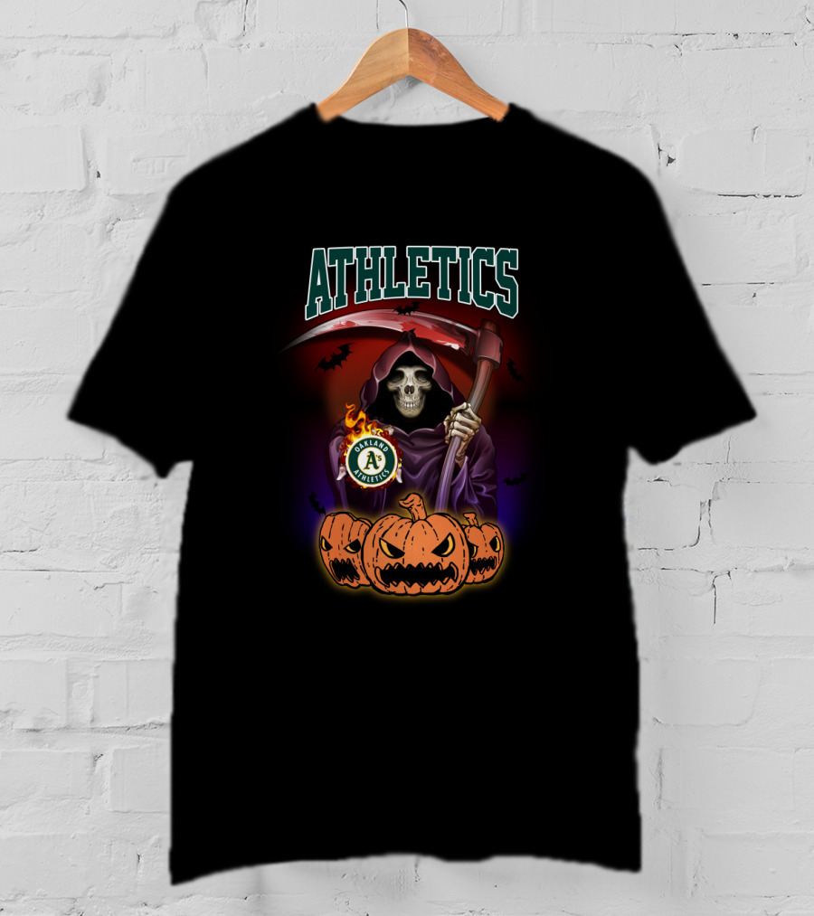 Athletics Skull Reaper With Oakland A's Logo And Halloween Pumpkins T-Shirt